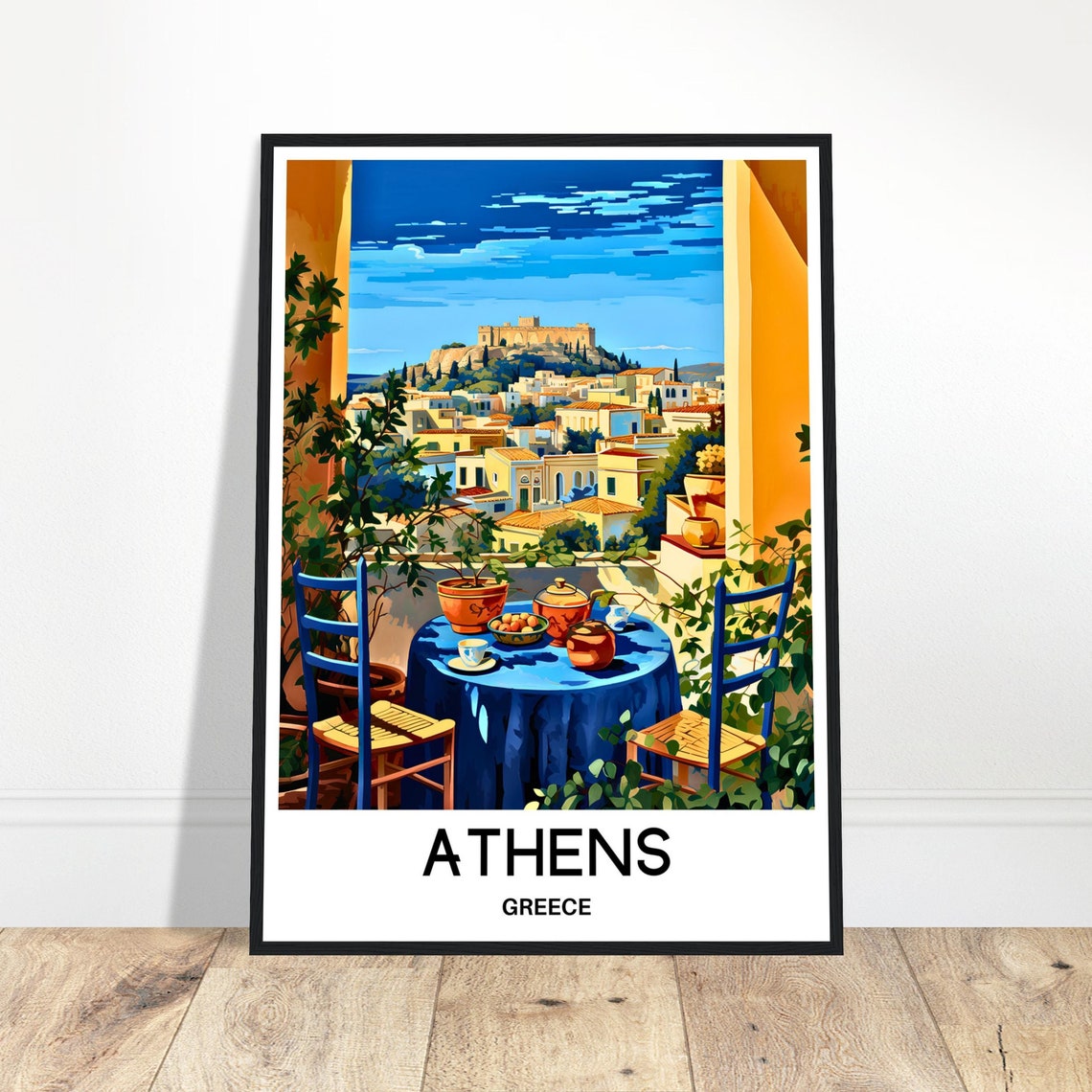 Athens Greece Terrace Breakfast View With Acropolis Travel Poster