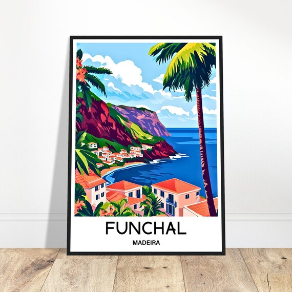 Funchal Travel Print Madeira Poster Portuguese Art Portugal Lover Gift Wall Hanging Island Home Decor Illustration