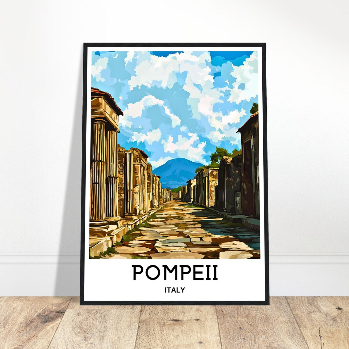 Pompeii Italy Ancient Street and Mount Vesuvius Travel Poster