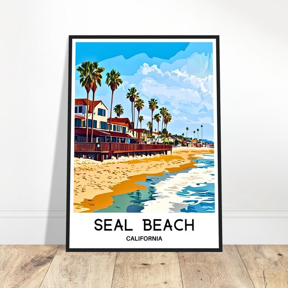 Seal Beach Travel Print Poster Art Lover Gift Wall Hanging Illustration Home Office Room Decor