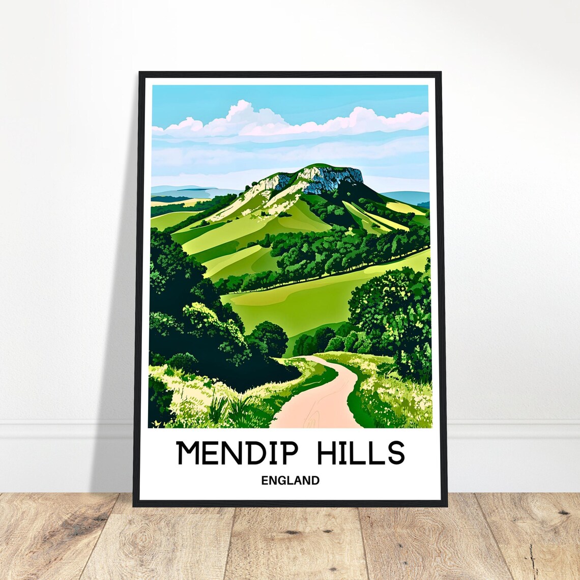 Mendip Hills England Rolling Green Countryside Path Travel Poster