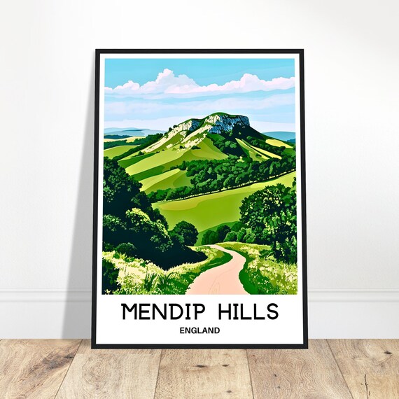 Mendip Hills Travel Print Somerset Poster English Art England Lover Gift Wall Hanging Illustration Home Office Decor