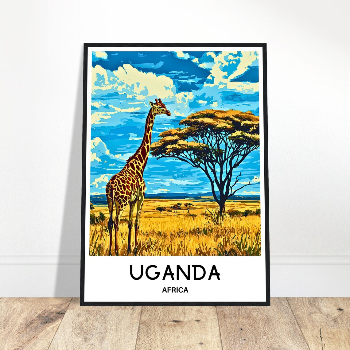 Uganda Giraffe Golden Savanna Acacia Tree Safari Travel Poster