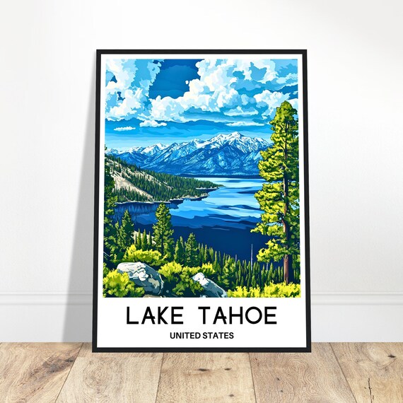 Lake Tahoe Travel Print Poster Art United States Lover Gift Wall Hanging Illustration Home Office Room Decor