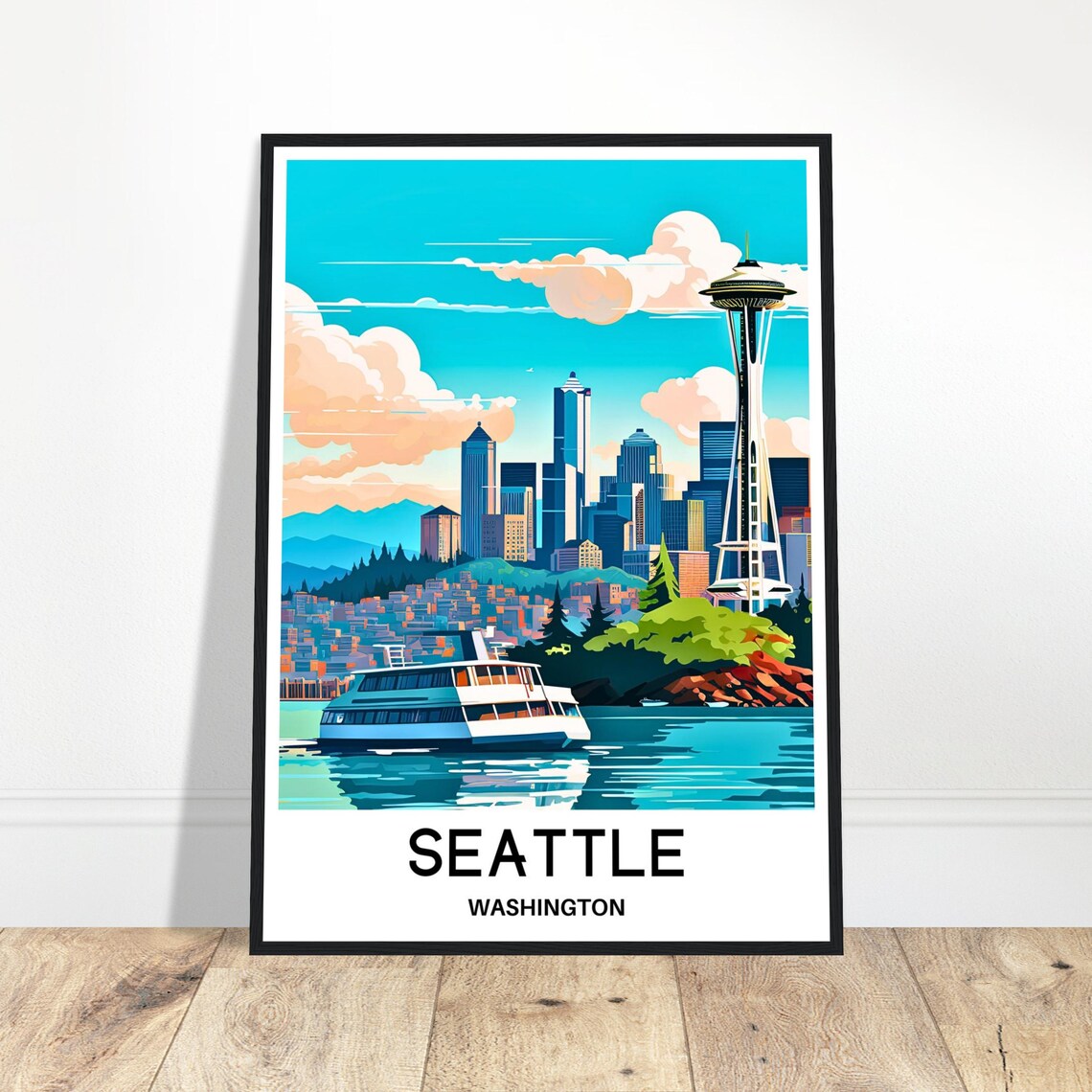 Seattle Travel Print Poster Art Washington Lover Gift Wall Hanging Home Office Decor Illustration