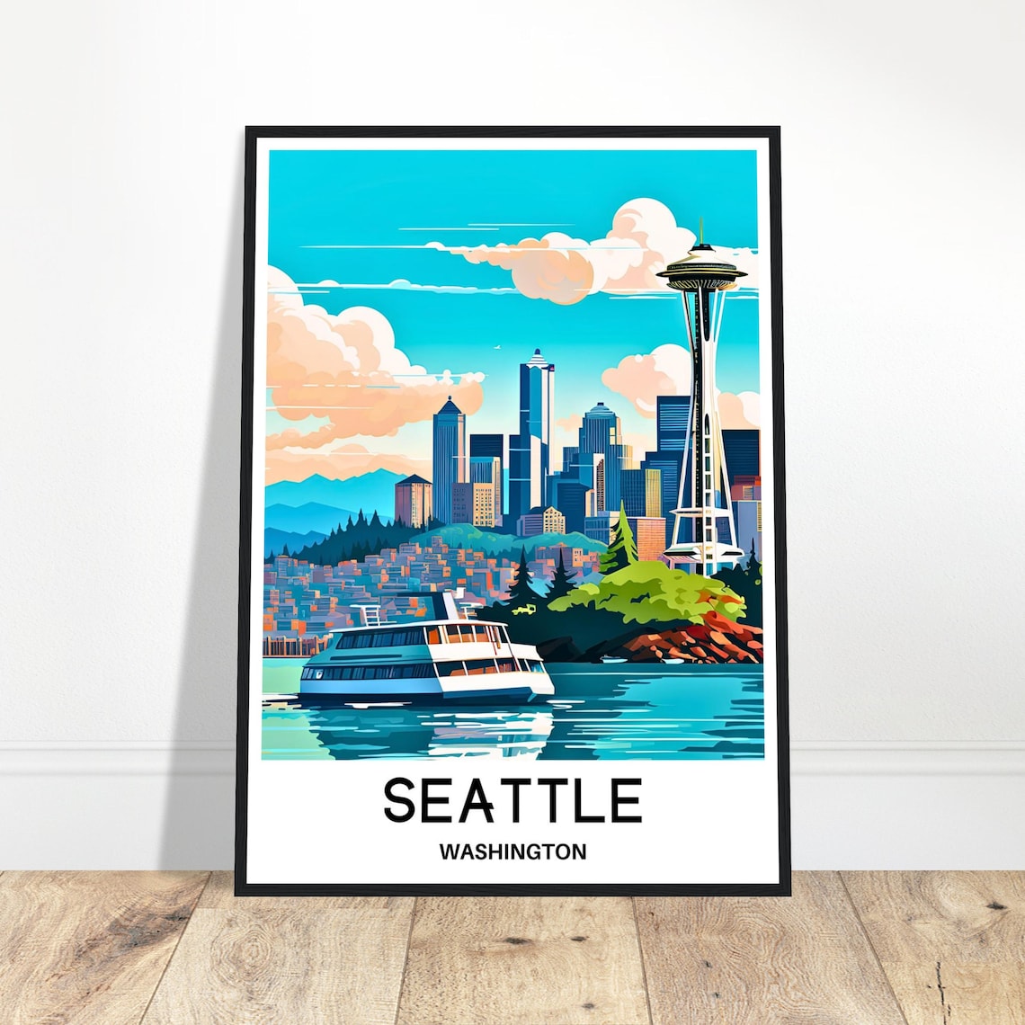Seattle Washington Space Needle Skyline Ferry Travel Art Poster