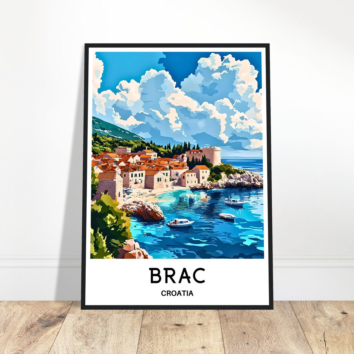 Brac Croatia Seaside Town Poster with Rocky Cove and Fishing Boats