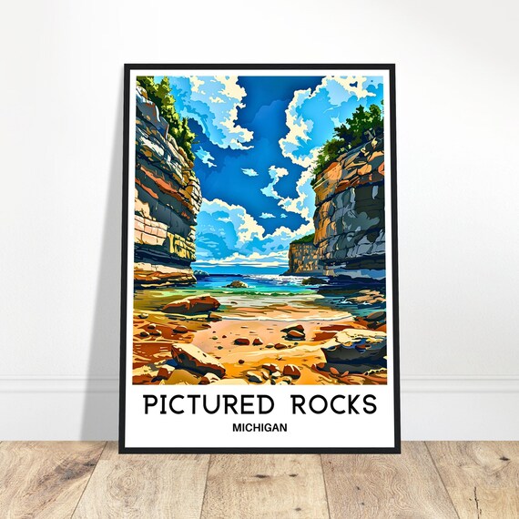 Pictured Rocks Michigan Colorful Cliffs Lakeshore Travel Poster