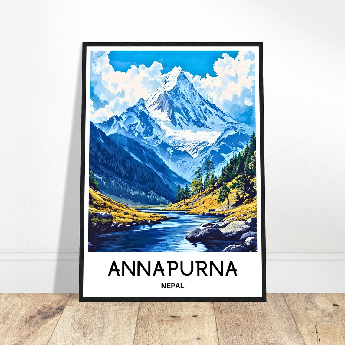 Annapurna Nepal Himalayas Poster with Snow Peak and River Valley