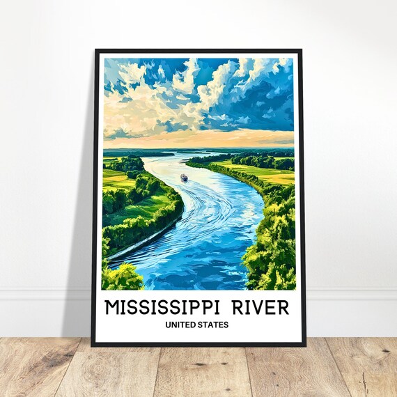 Mississippi River United States Aerial Travel Illustration Poster