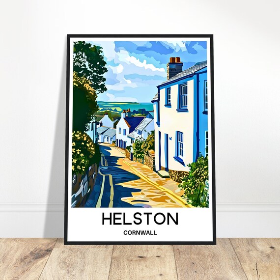 Helston Travel Print Cornwall Poster English Art England Lover Gift Wall Hanging Town Illustration Home Office Decor