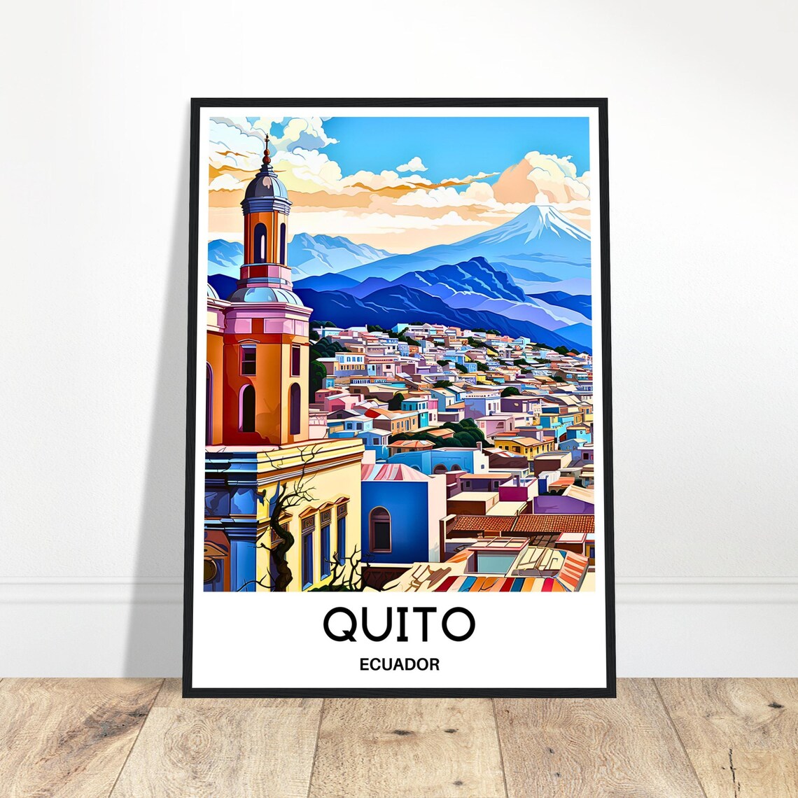 Quito Ecuador Colonial Church Tower Volcano Backdrop City Poster