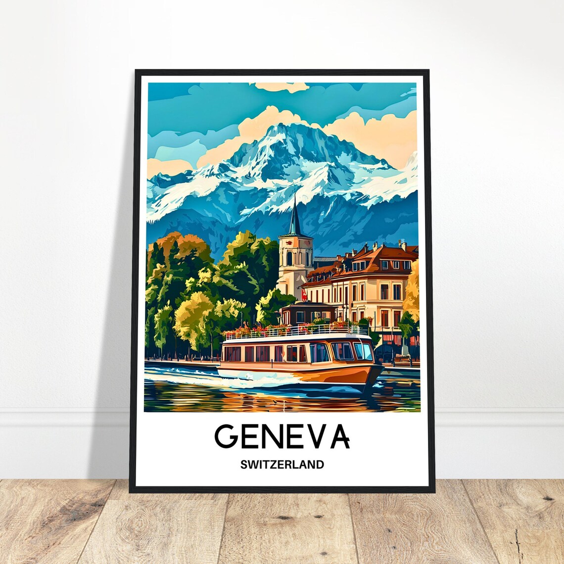Geneva Switzerland Lake Boat Snowy Alpine Mountain Travel Poster