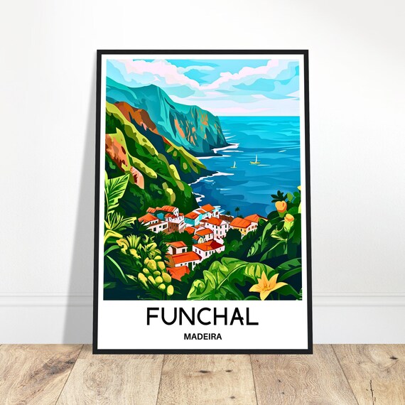 Funchal Travel Print Madeira Poster Portuguese Art Portugal Lover Gift Wall Hanging Island Home Decor Illustration
