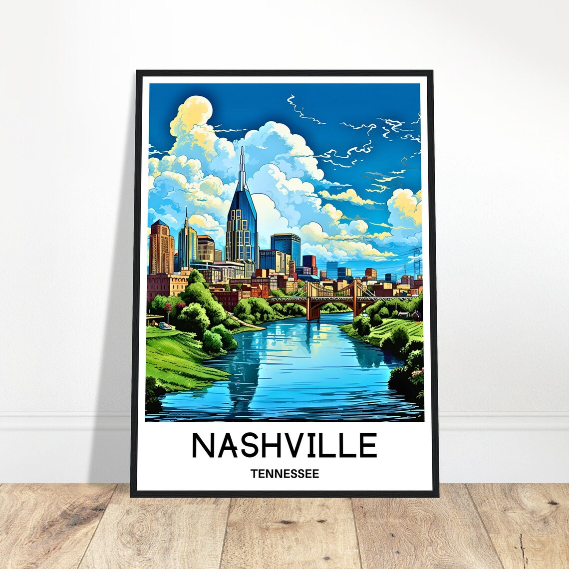 Nashville Tennessee Skyline Over River City Travel Art Poster