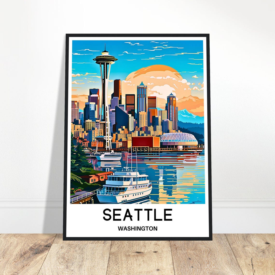 Seattle Space Needle Sunset Skyline Waterfront Cityscape Travel Poster