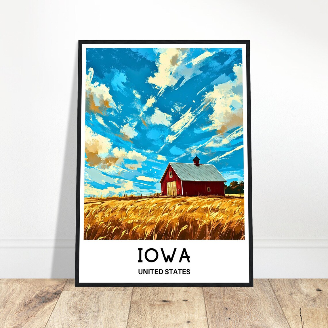 Iowa Red Barn Golden Wheat Field Vintage Travel Poster United States