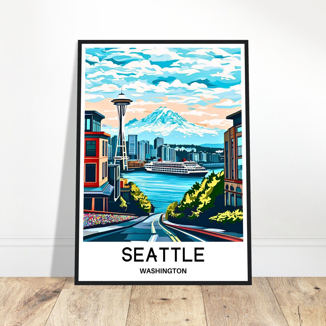 Seattle Washington Travel Space Needle Rainier Harbor Scene Wall Art