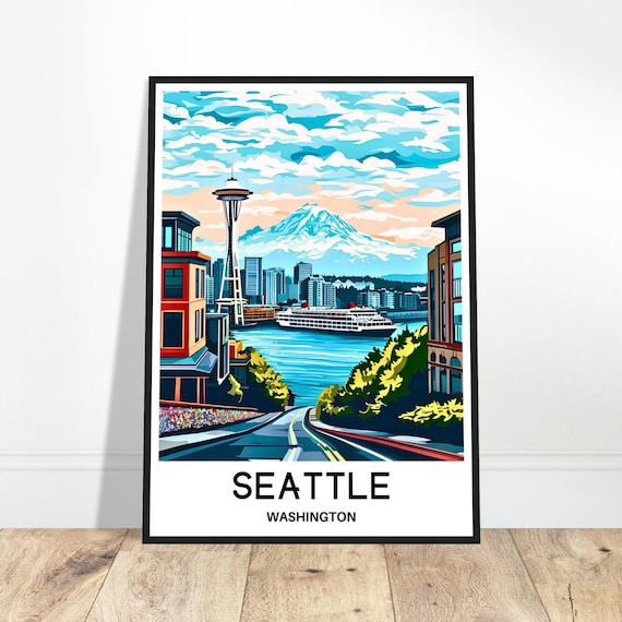 Seattle Washington Travel Space Needle Rainier Harbor Scene Wall Art
