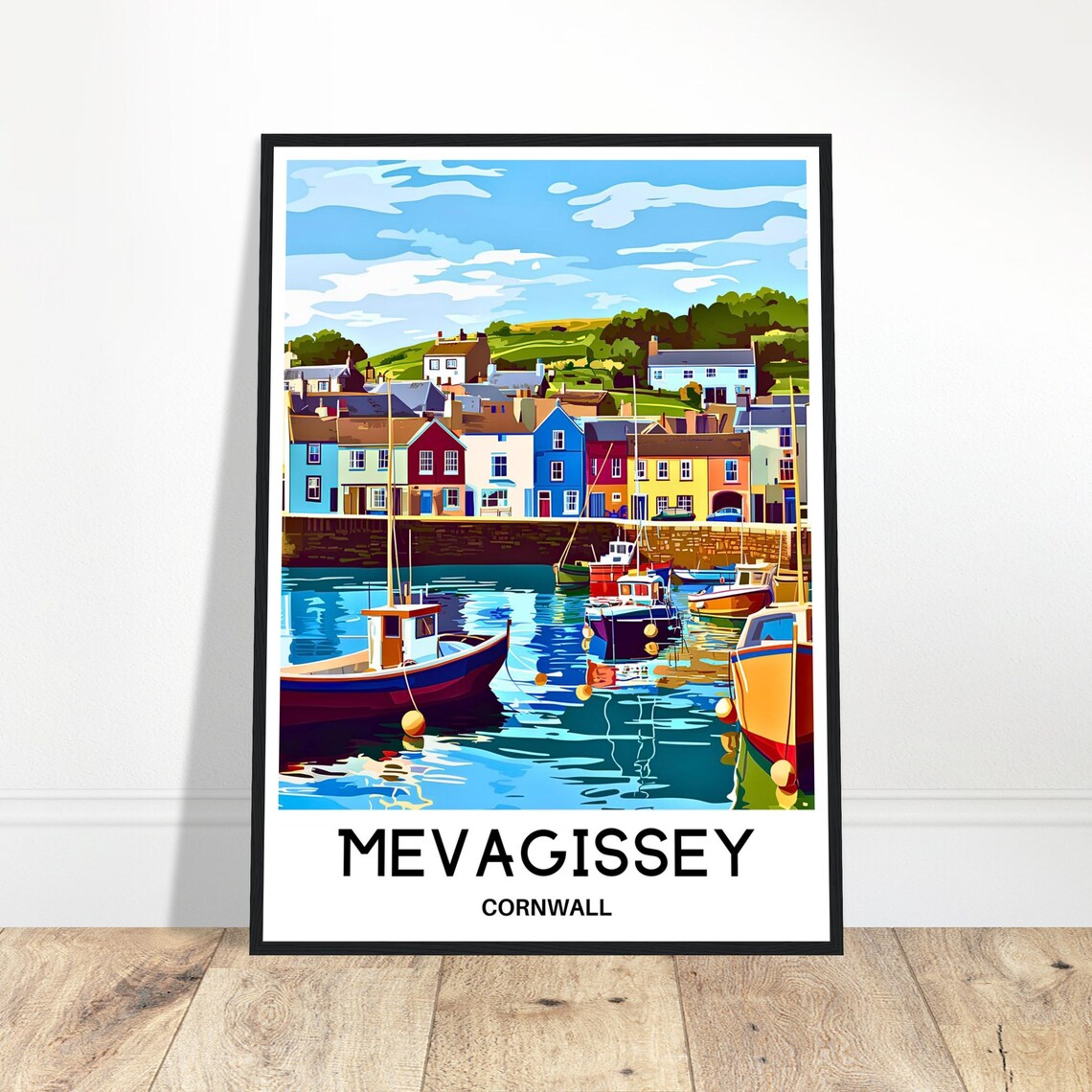 Mevagissey Cornwall Harbor Fishing Boats Travel Illustration Poster