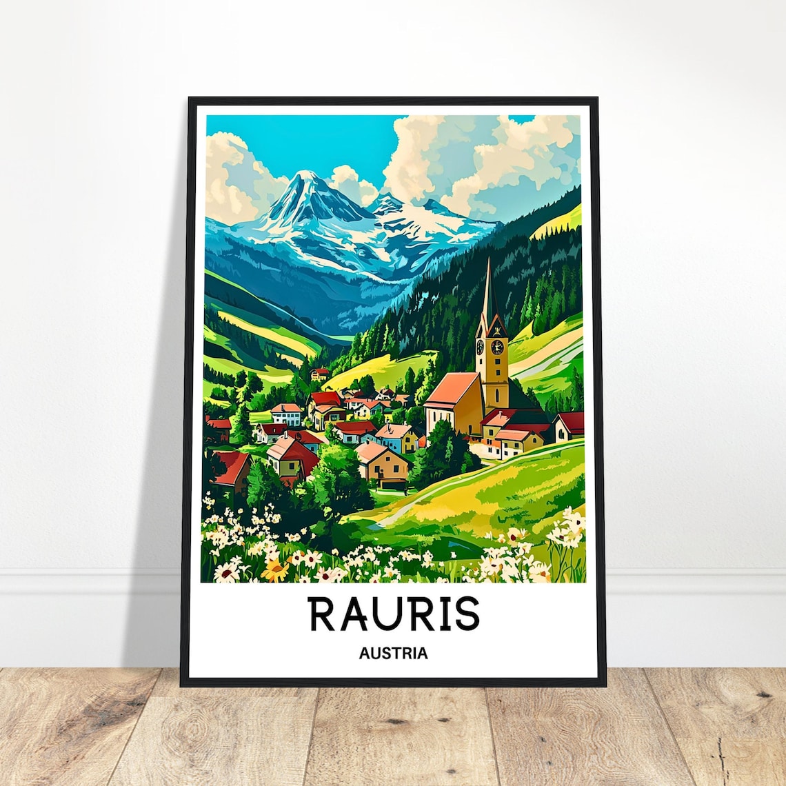 Rauris Austria Alpine Village Church Peaks Vintage Travel Poster
