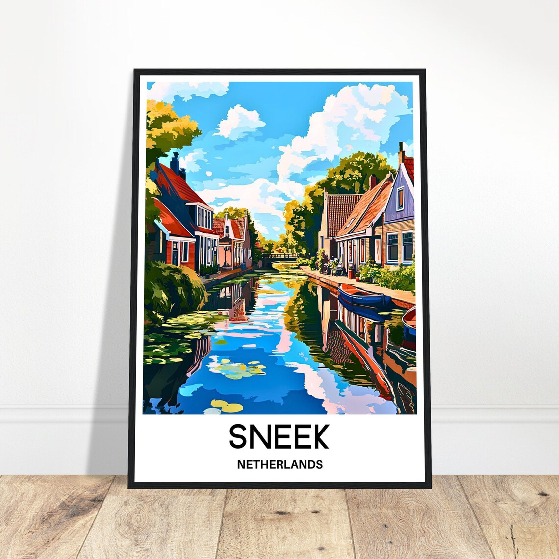 Sneek Netherlands Canal Houses Boats Reflections Travel Art Poster