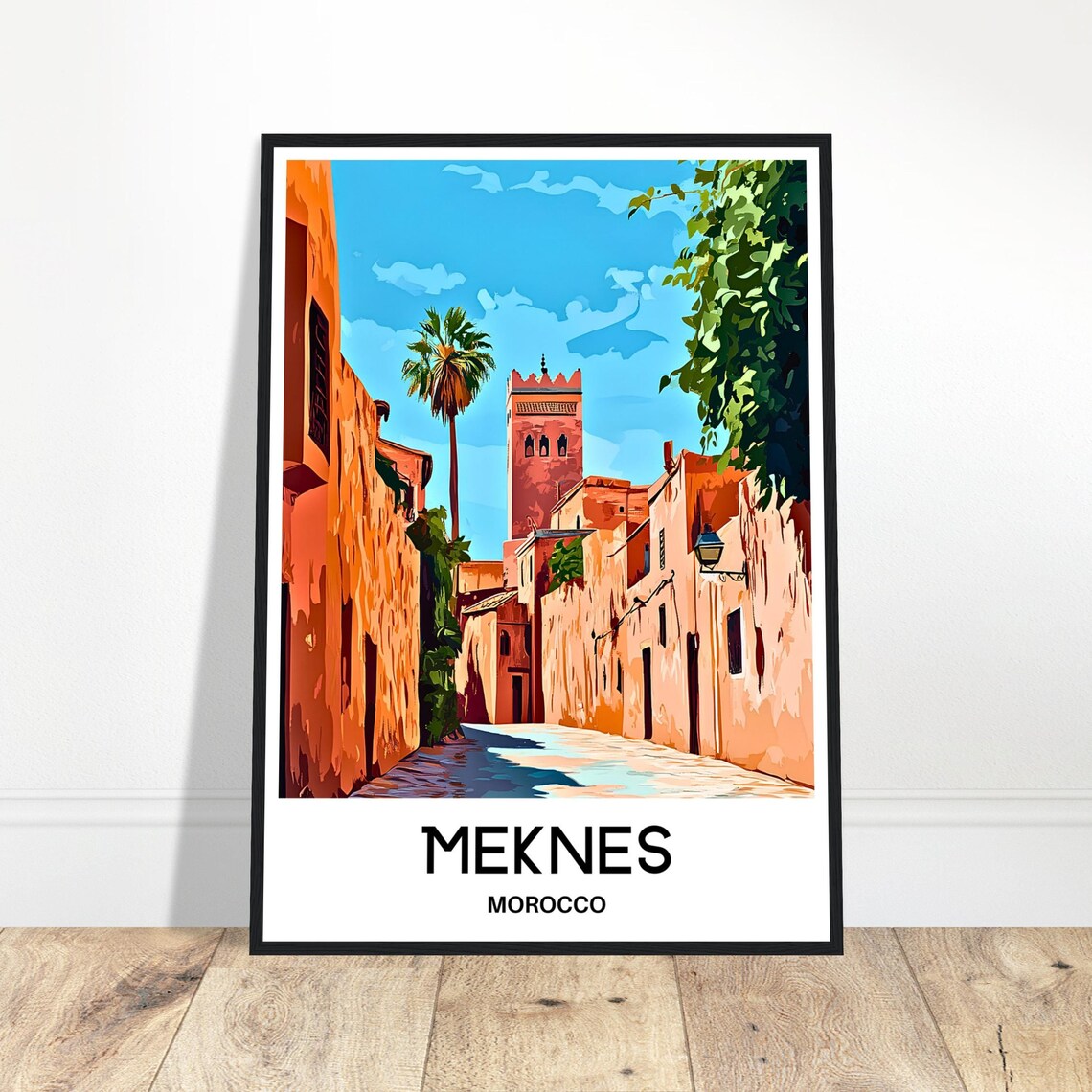 Meknes Morocco Old Town Poster with Ochre Alley and Palm Trees
