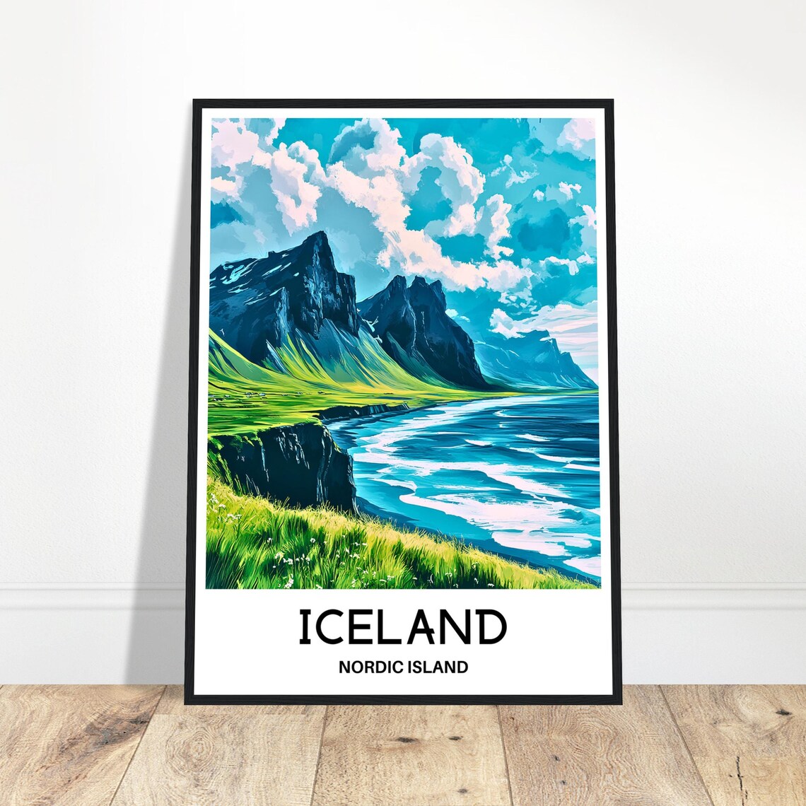 Iceland Nordic Island Green Coast Mountain Wave Scene Poster