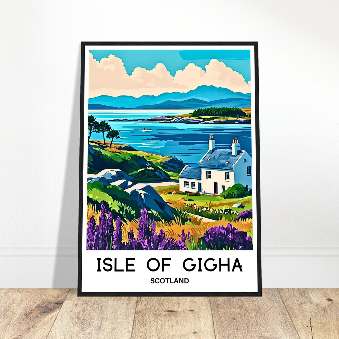 Isle Of Gigha Scotland White Cottage Purple Lupines Travel Poster