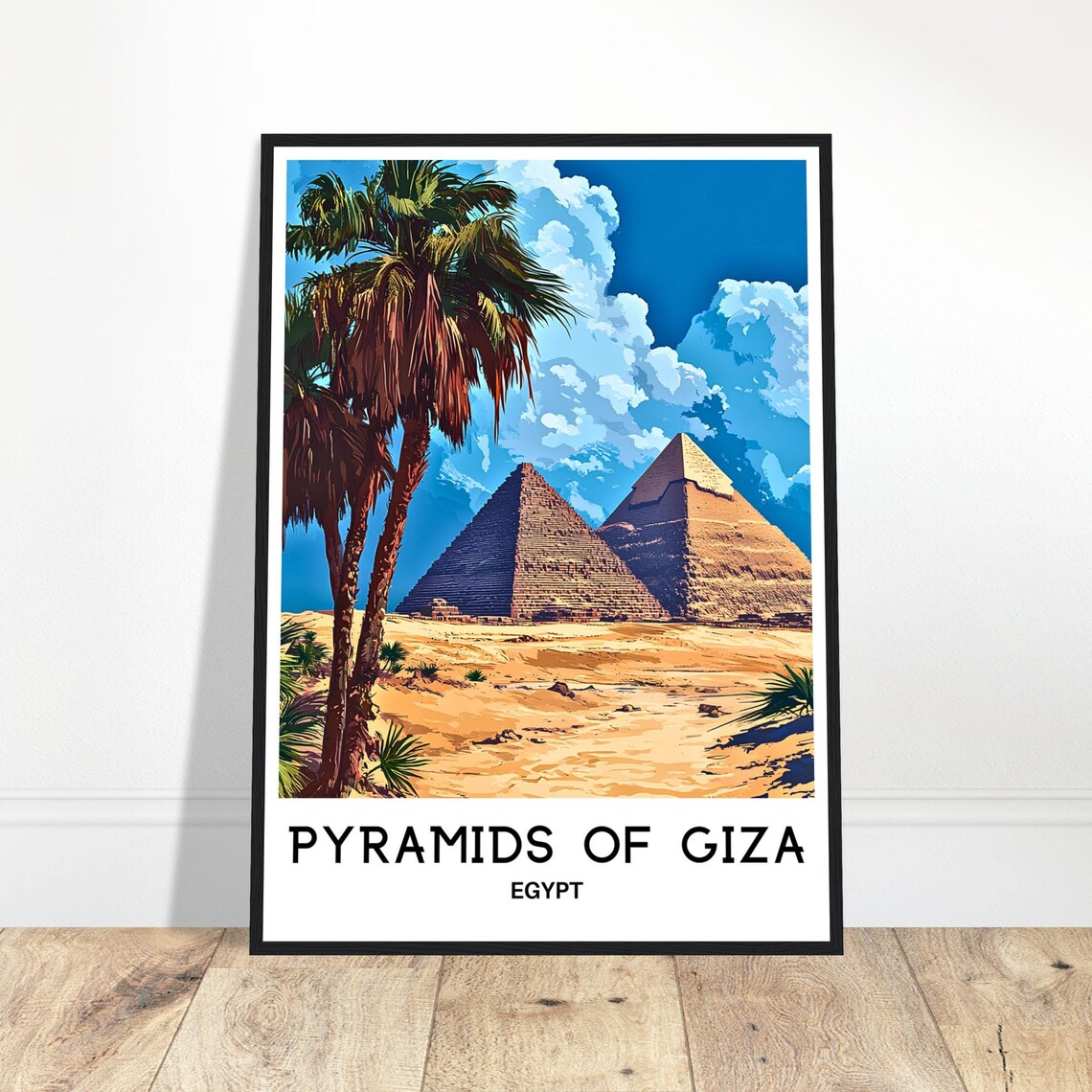 Pyramids Of Giza Egypt Palm Tree Desert Travel Illustration Poster