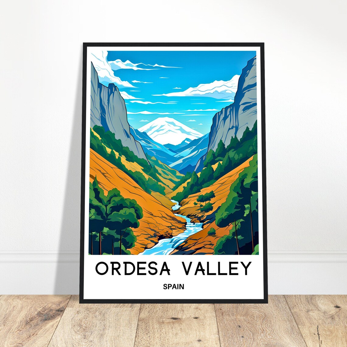 Ordesa Valley Spain Mountain River Travel Illustration Poster
