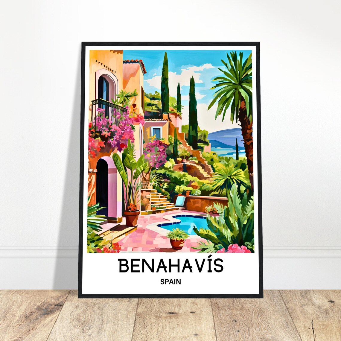 Benahavis Spain Colorful Village Pool and Gardens Scene Poster