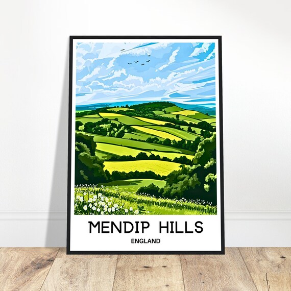 Mendip Hills Travel Print Somerset Poster English Art England Lover Gift Wall Hanging Illustration Home Office Decor