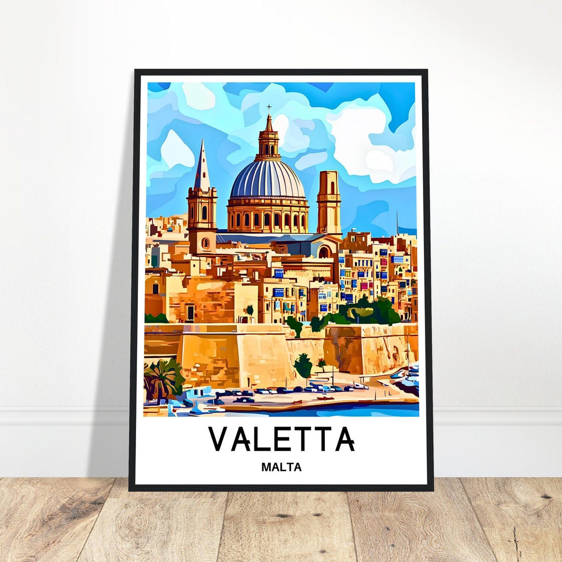 Valetta Malta Harbor And Old Town Vintage Travel Illustration Poster