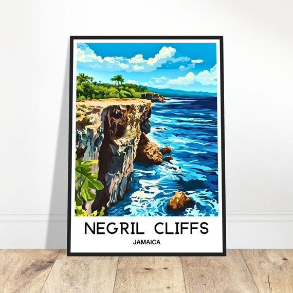 Negril Cliffs Travel Print Poster Caribbean Art Jamaica Lover Gift Wall Hanging Home Office Room Decor Illustration
