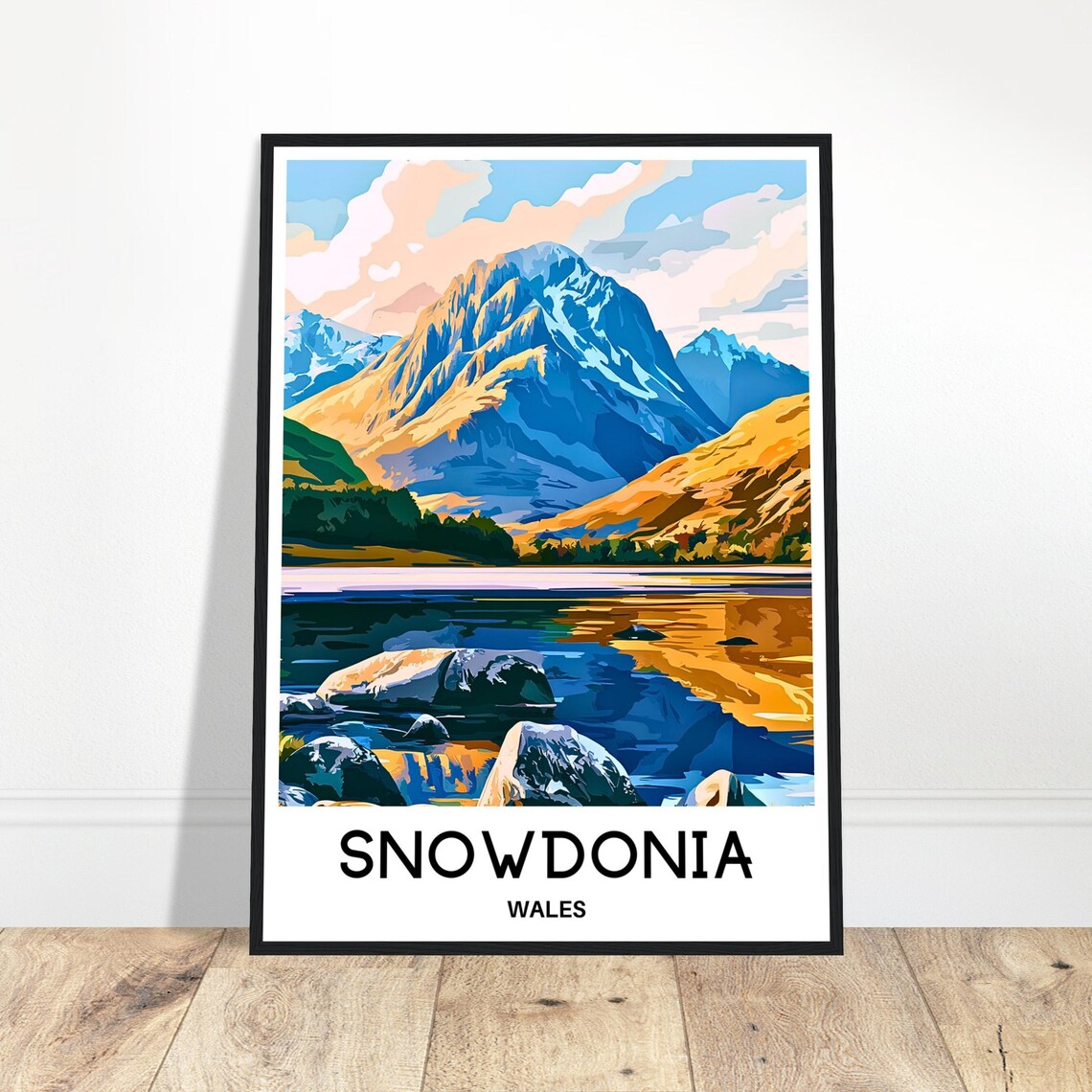 Snowdonia Wales Snowcapped Mountain Lake Golden Retro Travel Poster