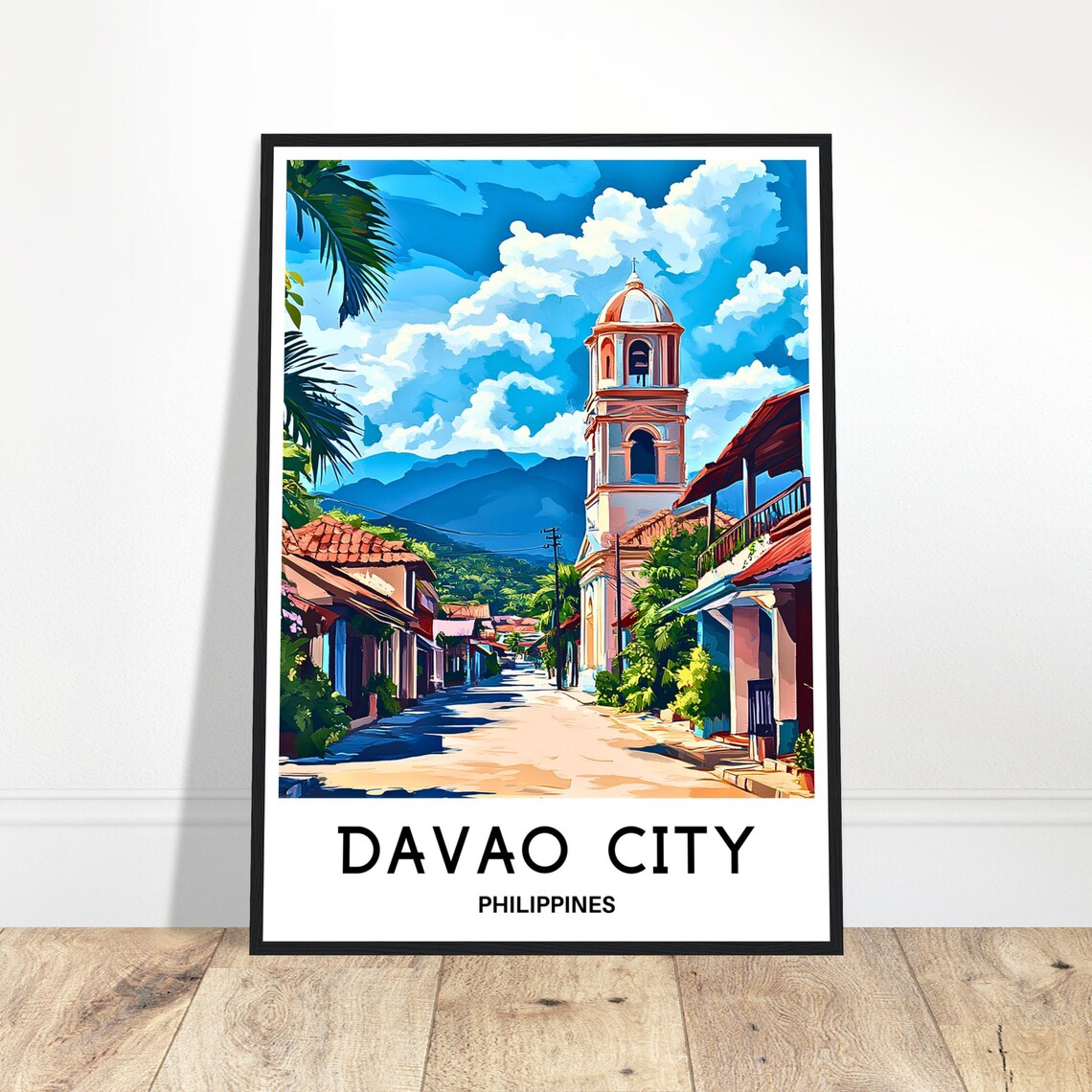 Davao City Philippines Colonial Street Church Tower Travel Poster