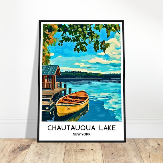 Chautauqua Lake New York Canoe Dock Vintage Travel Illustration Poster