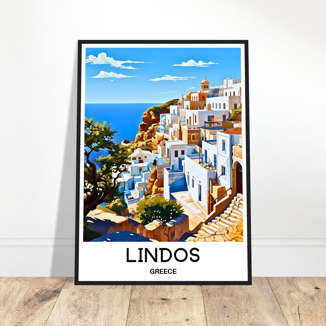 Lindos Greece Whitewashed Cliffside Village Over Blue Aegean Poster