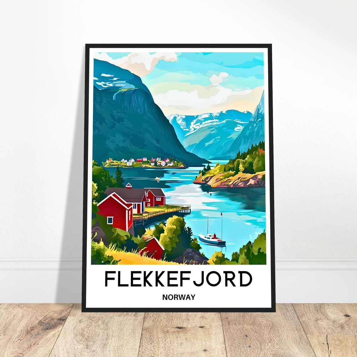 Flekkefjord Norway Fjord Red Cabins and Sailboat Scenic Travel Poster