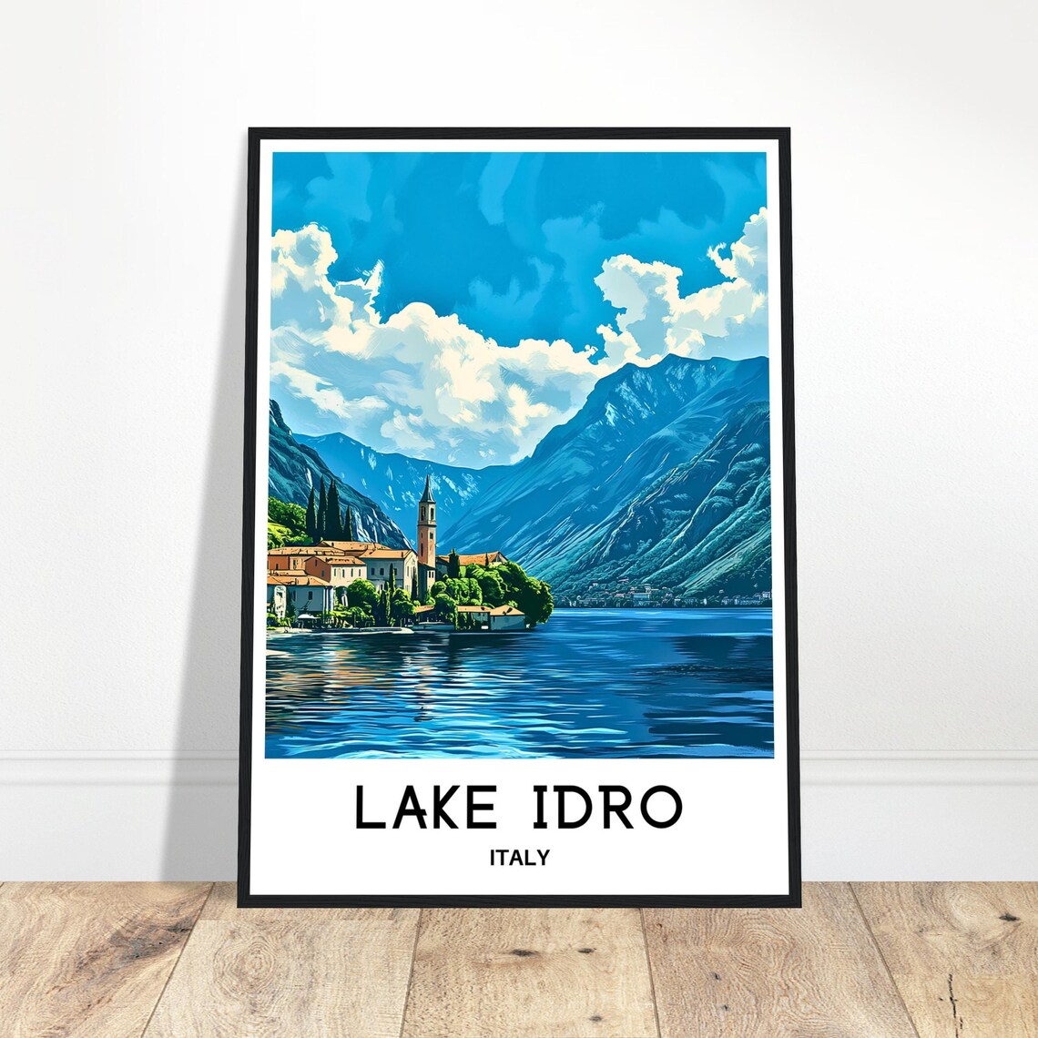Lake Idro Italy Lakeside Village Poster with Church and Mountains