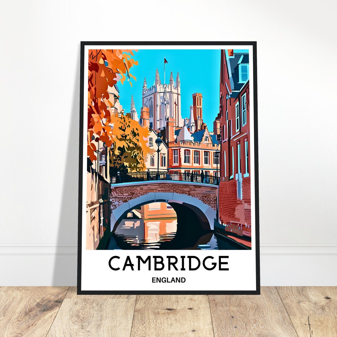 Cambridge England Riverside Bridge Historic College Travel Poster
