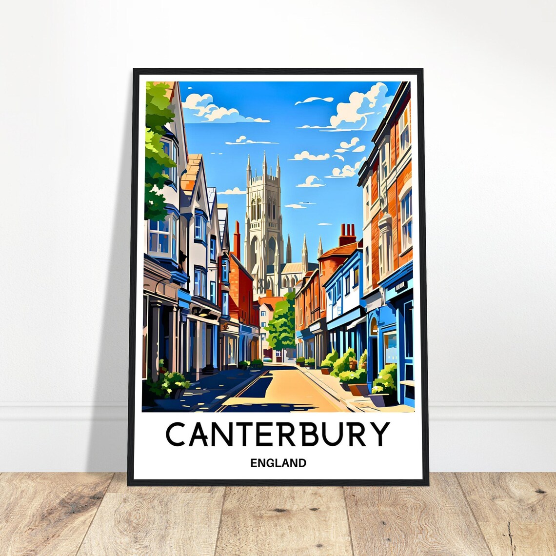 Canterbury England Travel Poster Historic Cathedral Street Scene