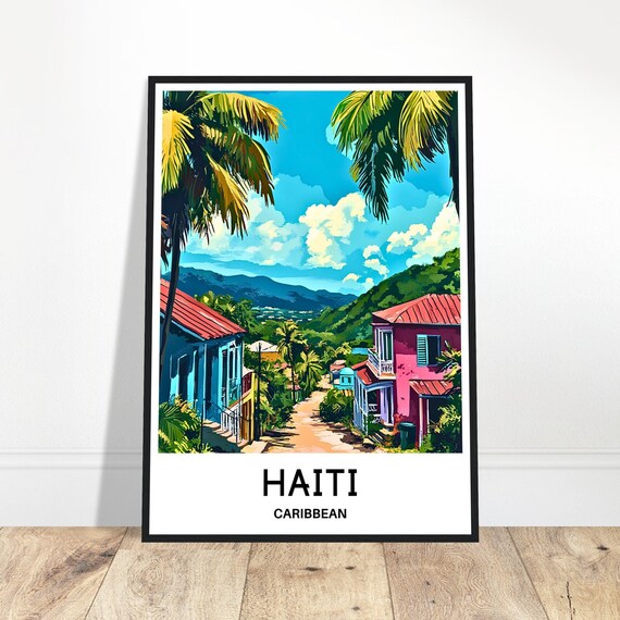 Haiti Caribbean Street Poster with Colorful Colonial Houses and Palms