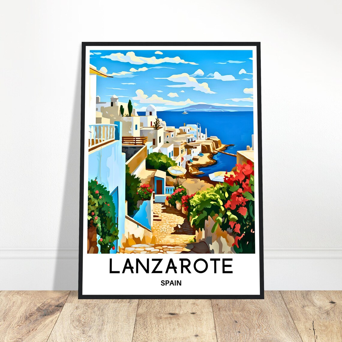 Lanzarote Spain White Coastal Village Hillside Illustration Poster