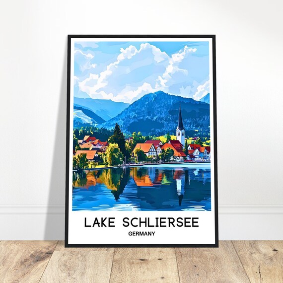 Lake Schliersee Travel Print Poster German Art Germany Lover Gift Wall Hanging Home Office Room Desk Decor Illustration