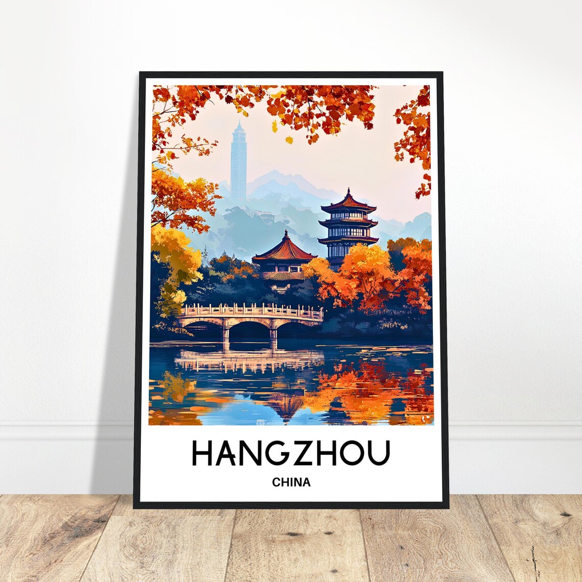 Hangzhou China Autumn Lake Pagoda Illustrated Vintage Travel Poster