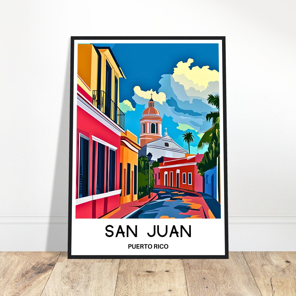 San Juan Puerto Rico Colorful Old Street Cathedral Travel Poster