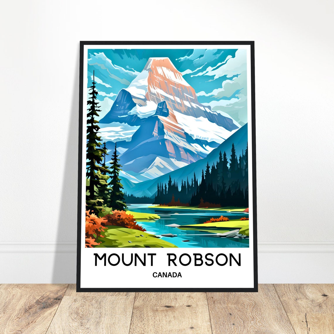 Mount Robson Canada Snowy Glacier Peak Lakeside Illustration Poster
