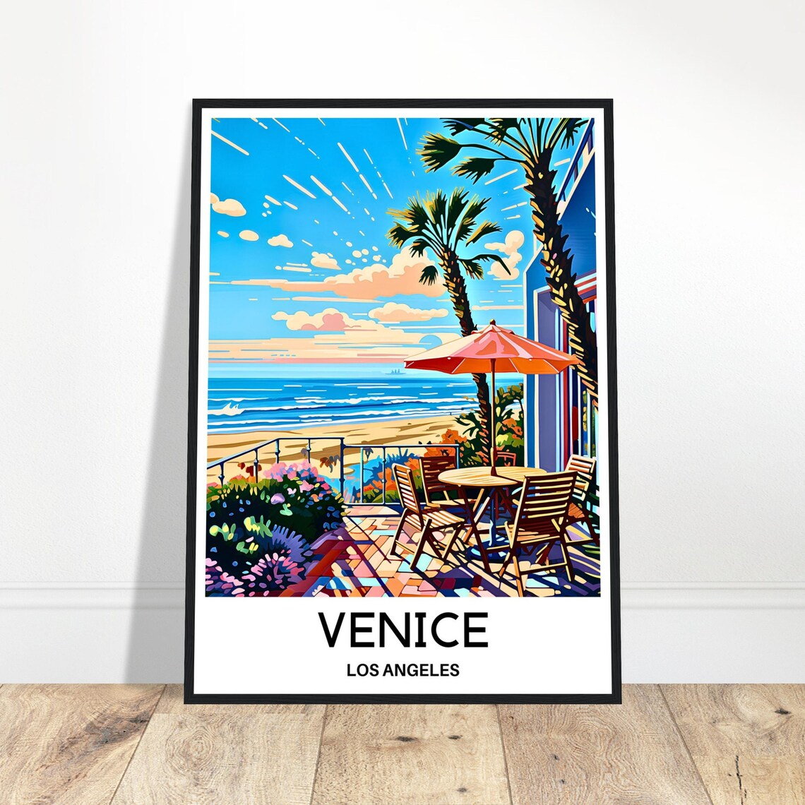 Venice Los Angeles Beach Patio Palms Umbrella Retro Travel Poster